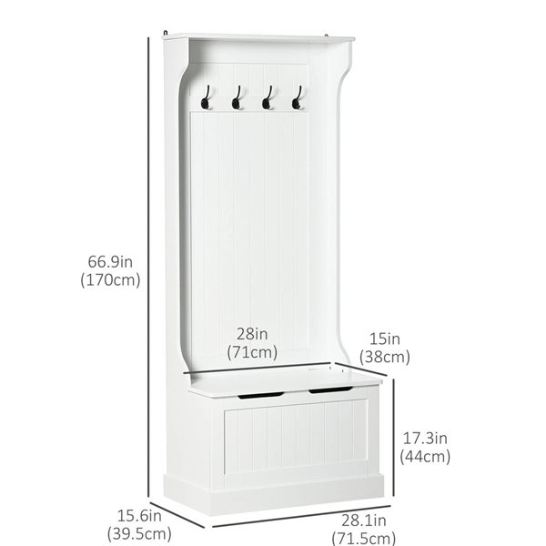 HOMCOM White MDF Entryway Hall Tree w/ Storage Bench and 4 Metal Hooks