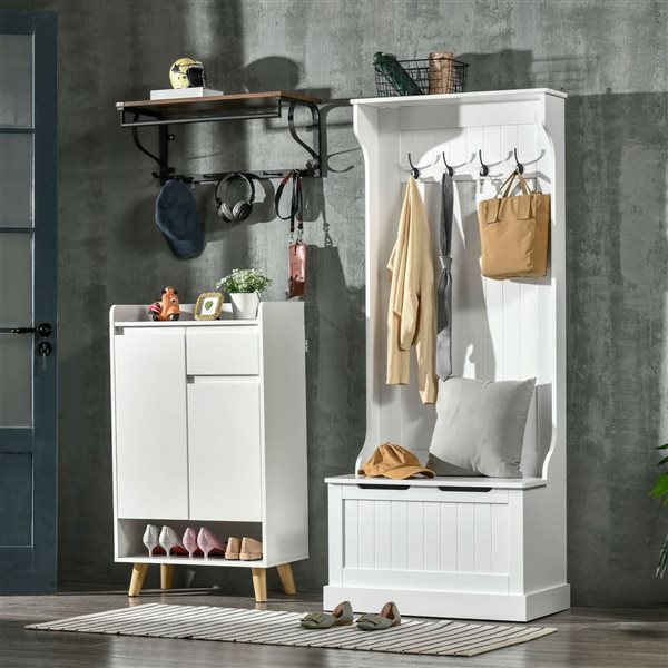 HOMCOM White MDF Entryway Hall Tree w/ Storage Bench and 4 Metal Hooks