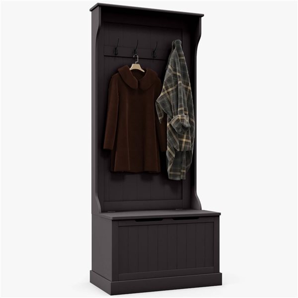HOMCOM Black MDF Entryway Hall Tree w/ Storage Bench and 4 Metal Hooks