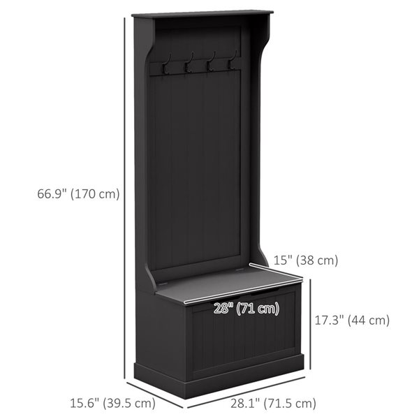 HOMCOM Black MDF Entryway Hall Tree w/ Storage Bench and 4 Metal Hooks