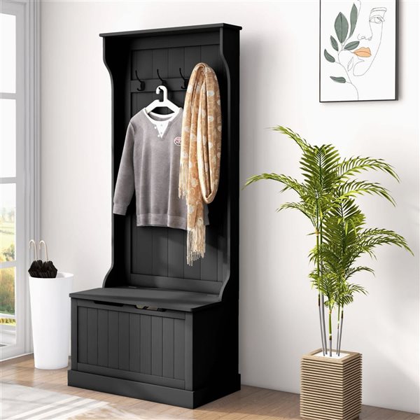HOMCOM Black MDF Entryway Hall Tree w/ Storage Bench and 4 Metal Hooks