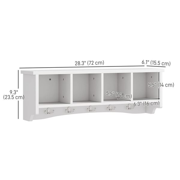 HOMCOM White MDF Wall-Mounted Coat Rack w/ 4 Comparments and 5 Hooks