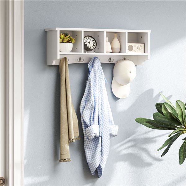 HOMCOM White MDF Wall-Mounted Coat Rack w/ 4 Comparments and 5 Hooks