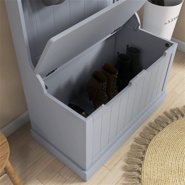 HOMCOM Grey MDF Entryway Hall Tree w/ Storage Bench and 4 Metal Hooks