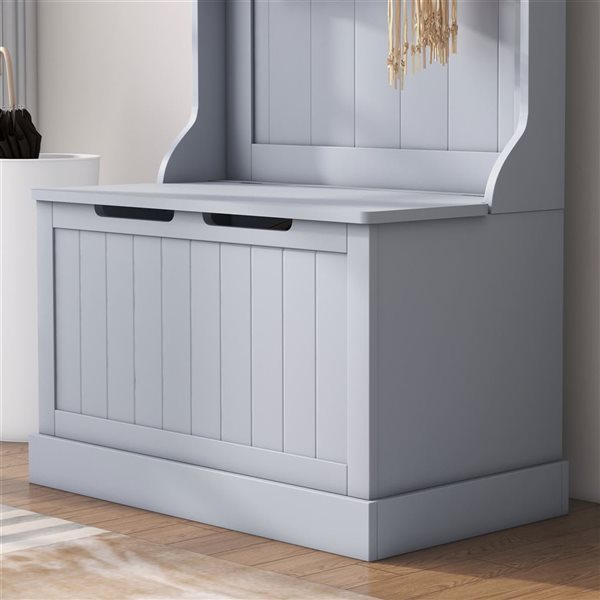 HOMCOM Grey MDF Entryway Hall Tree w/ Storage Bench and 4 Metal Hooks