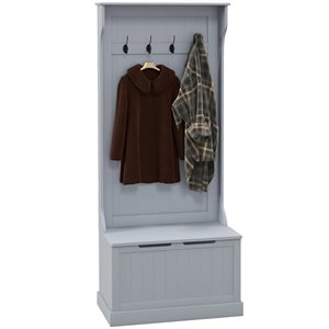 HOMCOM Grey MDF Entryway Hall Tree w/ Storage Bench and 4 Metal Hooks