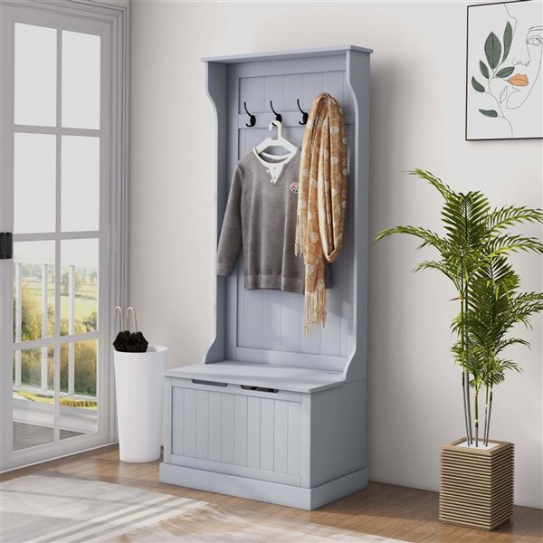 HOMCOM Grey MDF Entryway Hall Tree w/ Storage Bench and 4 Metal Hooks