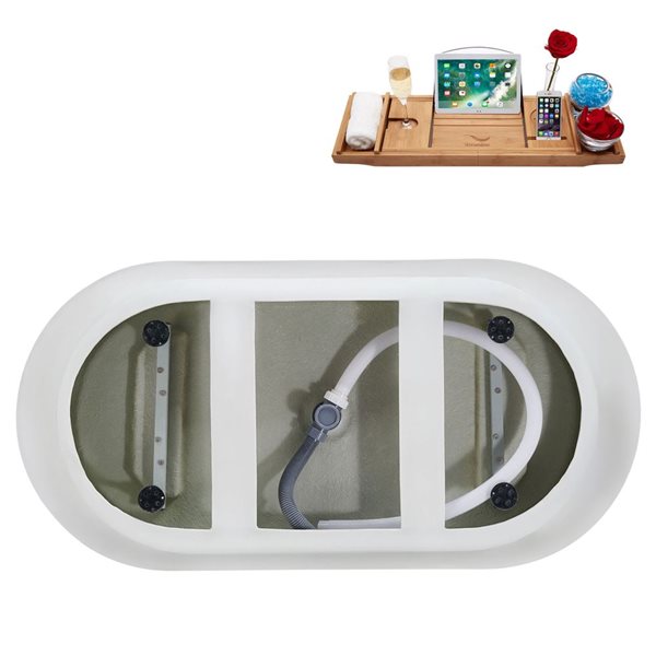 Streamline 60-in Soaking Freestanding Tub w/ Tray and Polished Brass Internal Drain - Glossy White