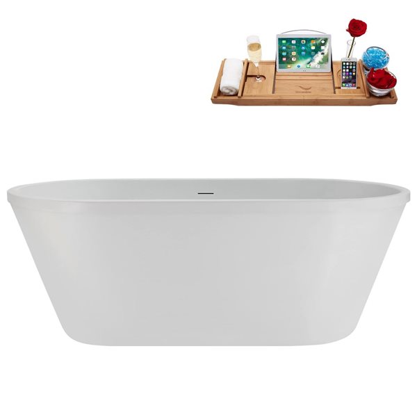 Streamline 60-in Soaking Freestanding Tub w/ Tray and Polished Chrome Internal Drain - Glossy White