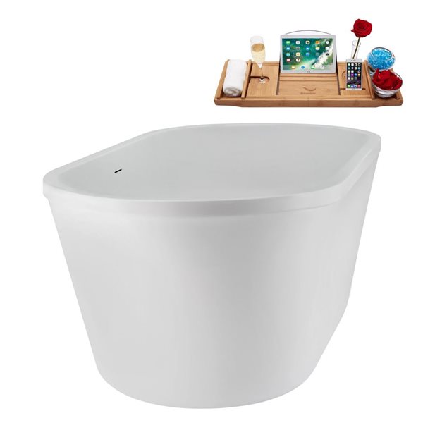 Streamline 60-in Soaking Freestanding Tub w/ Tray and Brushed Nickel Internal Drain - Glossy White