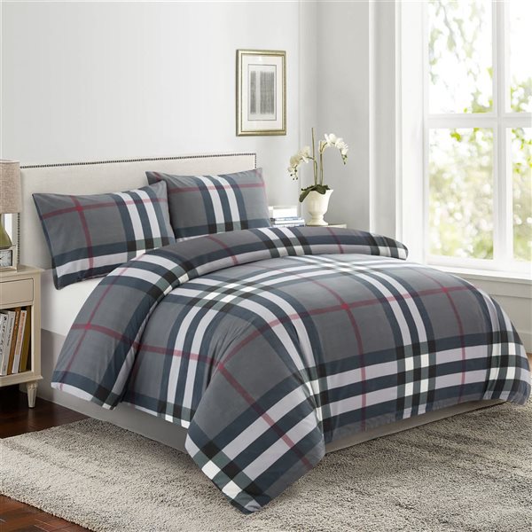 Marina Decoration 3-Piece Black and Grey Twin Plaid Print Bamboo Fitted Sheet Bedding Set