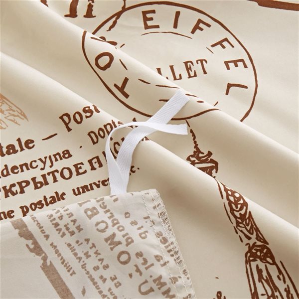 Marina Decoration 3-Piece Cream White and Brown Queen Travel Print Rayon Duvet Cover Set w/ Hidden Zipper