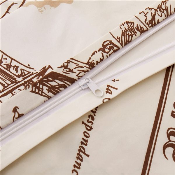 Marina Decoration 3-Piece Cream White and Brown Queen Travel Print Rayon Duvet Cover Set w/ Hidden Zipper