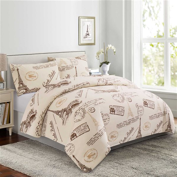 Marina Decoration 3-Piece Cream White and Brown Queen Travel Print Rayon Duvet Cover Set w/ Hidden Zipper