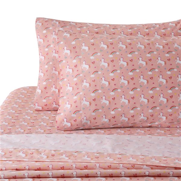 Marina Decoration 4-Piece 600-Thread Cotton/Polyester Queen Bed Sheet Set - Pink and White Unicorn Pattern