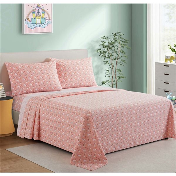 Marina Decoration 4-Piece 600-Thread Cotton/Polyester Queen Bed Sheet Set - Pink and White Unicorn Pattern