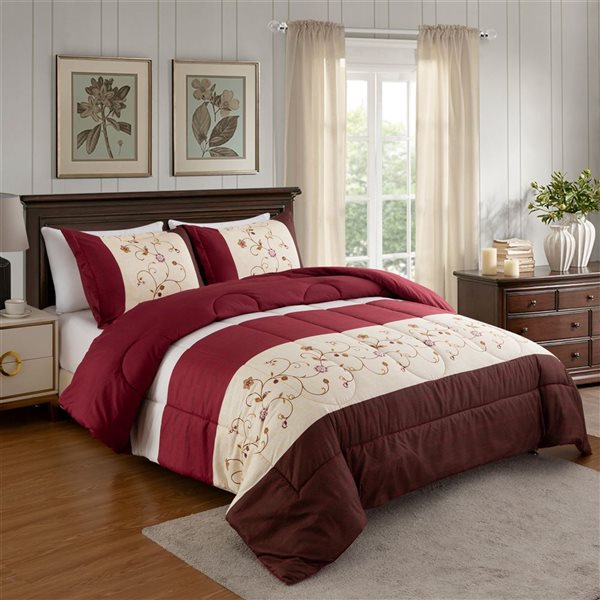 Marina Decoration 3-Piece Modern Burgundy Cosmos Floral Kind Bed Soft Comforter Set