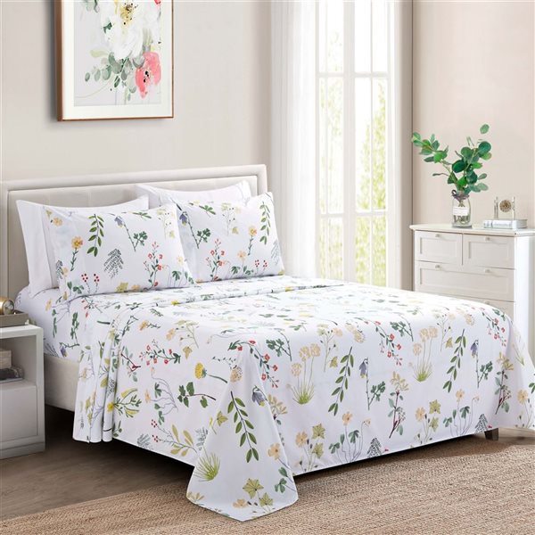 Marina Decoration 4-Piece Bamboo/Polyester Twin Bed Sheet Set - Red, Yellow and Purple Floral Pattern