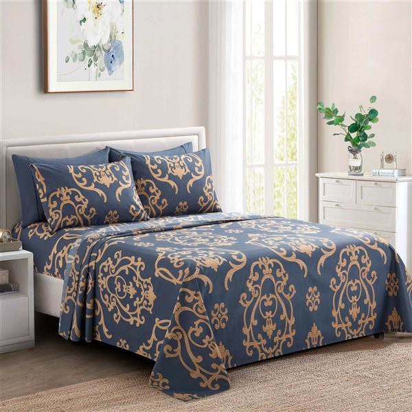 Marina Decoration 6-Piece Bamboo/Polyester King Bed Sheet Set – Navy and Gold Floral Damask Pattern