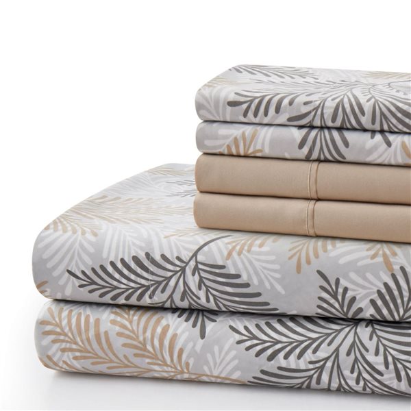 Marina Decoration 6-Piece Bamboo/Polyester Full Bed Sheet Set - Taupe, Grey and White Leaf Pattern