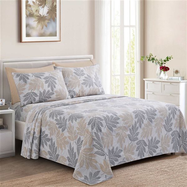 Marina Decoration 6-Piece Bamboo/Polyester Full Bed Sheet Set - Taupe, Grey and White Leaf Pattern
