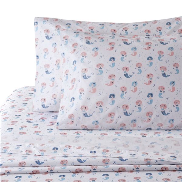 Marina Decoration 3-Piece White and Pink Queen Kids Mermaid Print Cotton Blend Duvet Cover Set w/ Corner Tie