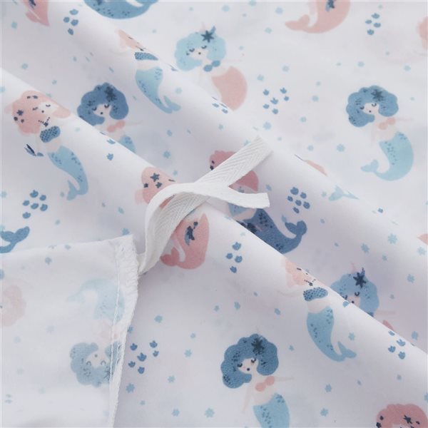Marina Decoration 3-Piece White and Pink Queen Kids Mermaid Print Cotton Blend Duvet Cover Set w/ Corner Tie