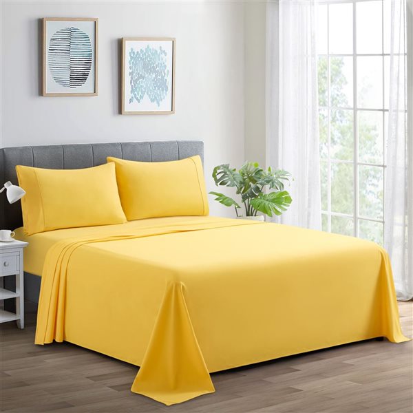 Marina Decoration 4-Piece 600-Thread Cotton/Polyester Queen Bed Sheet Set - Solid Yellow