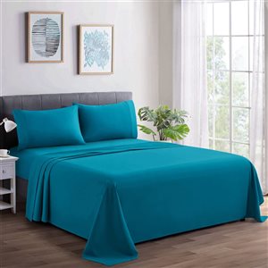 Ensemble de draps 4 pièces pour grand lit Marina Decoration coton/polyester 600 fils turquoise uni