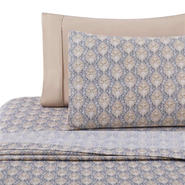 Marina Decoration 6-Piece Bamboo/Polyester Full Queen Sheet Set - Grey and Taupe with White Floral Pattern