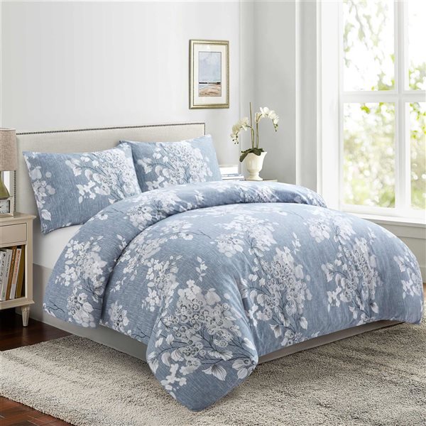 Marina Decoration 3-Piece Blue and Grey Queen Floral Print Duvet Cover Set