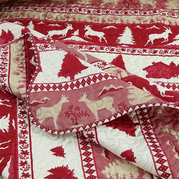 Marina Decoration Cabin Red Goat Pattern Embossed Solid Pinsonic King Bed Soft Quilt Set