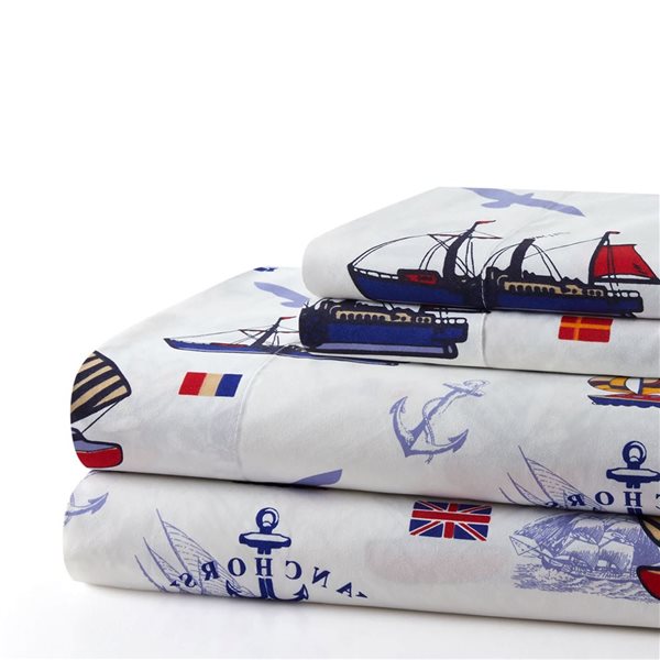 Marina Decoration 4-Piece 600-Thread Cotton/Polyester Full Bed Sheet Set - Blue and White Nautic Pattern