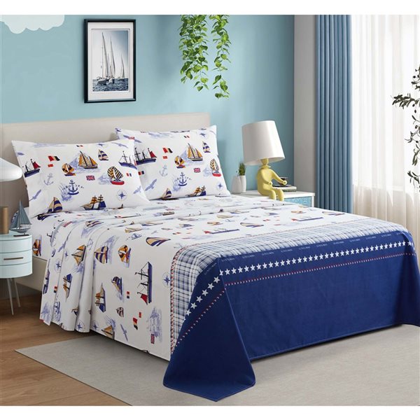 Marina Decoration 4-Piece 600-Thread Cotton/Polyester Full Bed Sheet Set - Blue and White Nautic Pattern