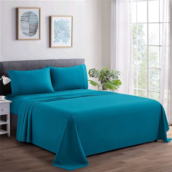 Marina Decoration 4-Piece 600-Thread Cotton/Polyester King Bed Sheet Set - Solid Teal