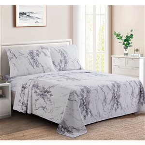Ensemble de draps pour lit 1 place Marina Decoration coton/polyester 600 fils à motif marbré gris/noir/blanc