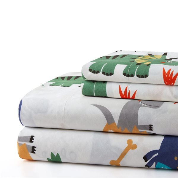 Marina Decoration 4-Piece 600-Thread Cotton/Polyester Queen Bed Sheet Set - Blue/Yellow/Green/Grey Dinosaur Pattern