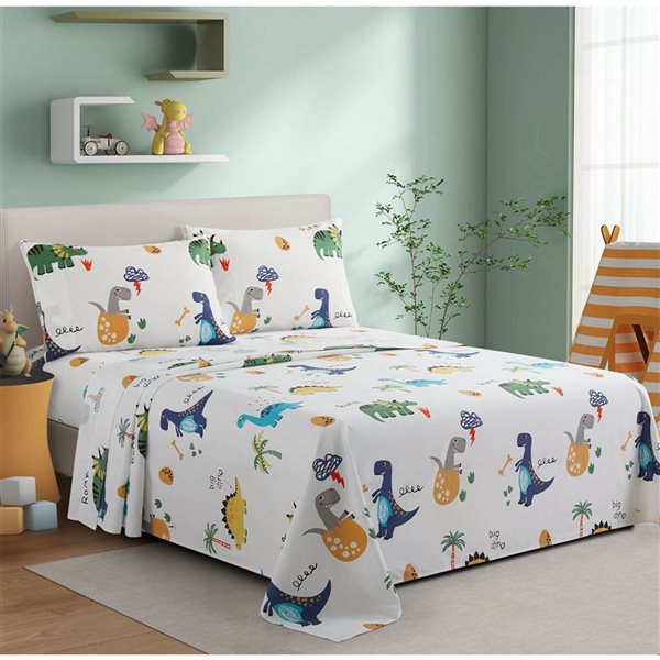 Marina Decoration 4-Piece 600-Thread Cotton/Polyester Queen Bed Sheet Set - Blue/Yellow/Green/Grey Dinosaur Pattern