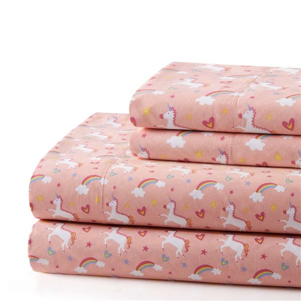 Marina Decoration 4-Piece 600-Thread Cotton/Polyester Full Bed Sheet Set - Pink and White Unicorn Pattern