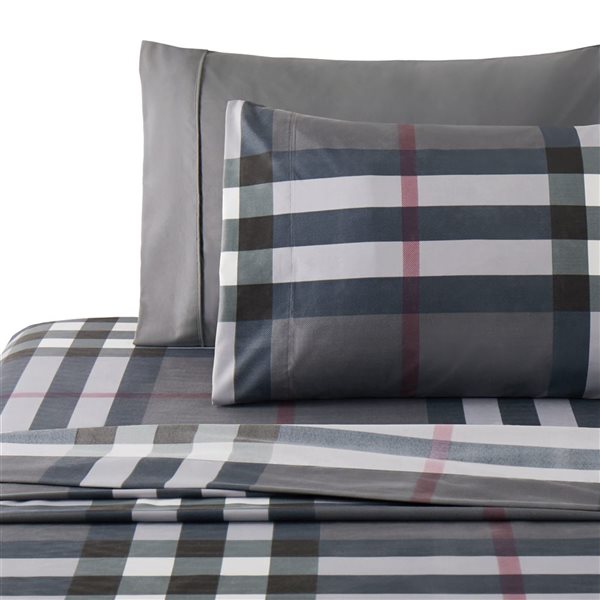 Marina Decoration 6-Piece Bamboo/Polyester Blend Full Bed Sheet Set - Black/Grey/Silver/Red Tartan Pattern