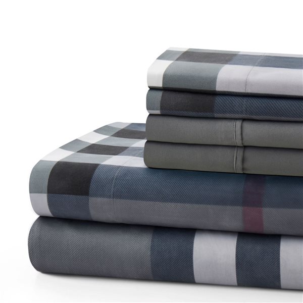 Marina Decoration 6-Piece Bamboo/Polyester Blend Full Bed Sheet Set - Black/Grey/Silver/Red Tartan Pattern