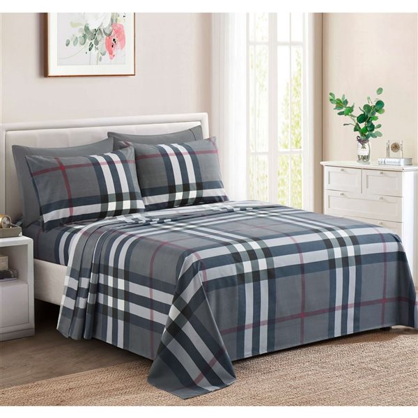 Marina Decoration 6-Piece Bamboo/Polyester Blend Full Bed Sheet Set - Black/Grey/Silver/Red Tartan Pattern
