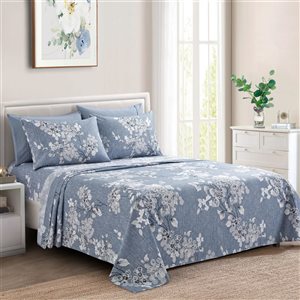 Ensemble de draps 4 pièces pour lit 1 place Marina Decoration bambou/polyester à motif floral blanc sur bleu-gris