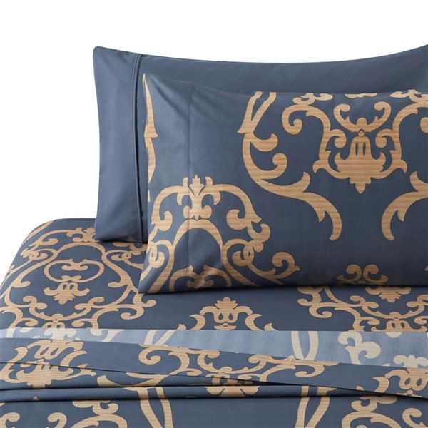 Marina Decoration 6-Piece Bamboo/Polyester Full Bed Sheet Set – Navy and Gold Floral Damask Pattern