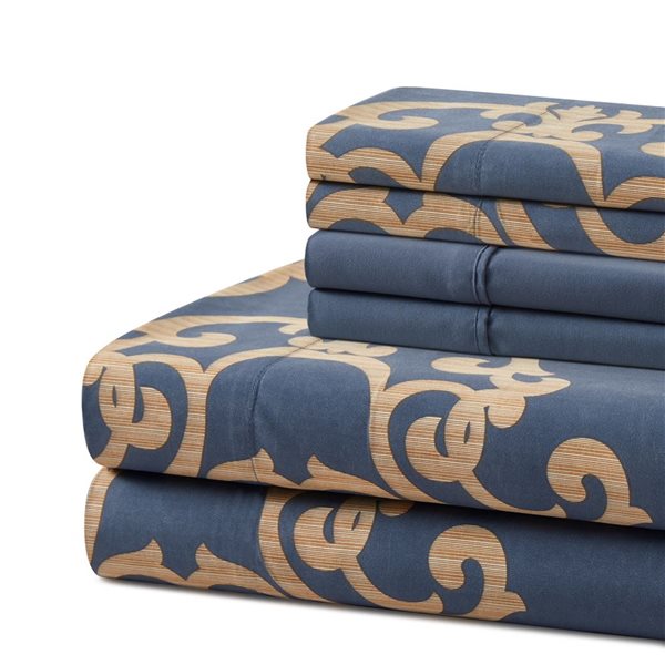 Marina Decoration 6-Piece Bamboo/Polyester Full Bed Sheet Set – Navy and Gold Floral Damask Pattern