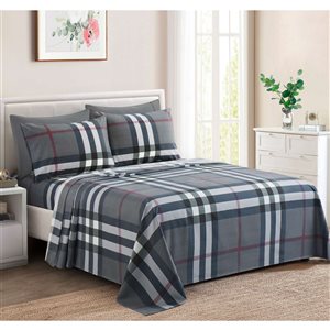 Ensemble de draps 6 pièces pour grand lit Marina Decoration bambou/polyester à motif tartan noir/gris/argent/rouge