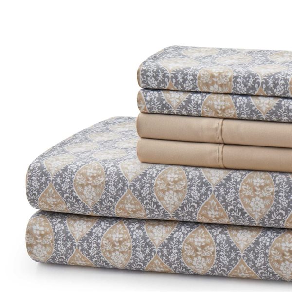 Marina Decoration 4-Piece Bamboo/Polyester Full Twin Sheet Set - Grey and Taupe with White Floral Pattern