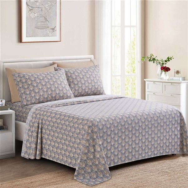Marina Decoration 4-Piece Bamboo/Polyester Full Twin Sheet Set - Grey and Taupe with White Floral Pattern
