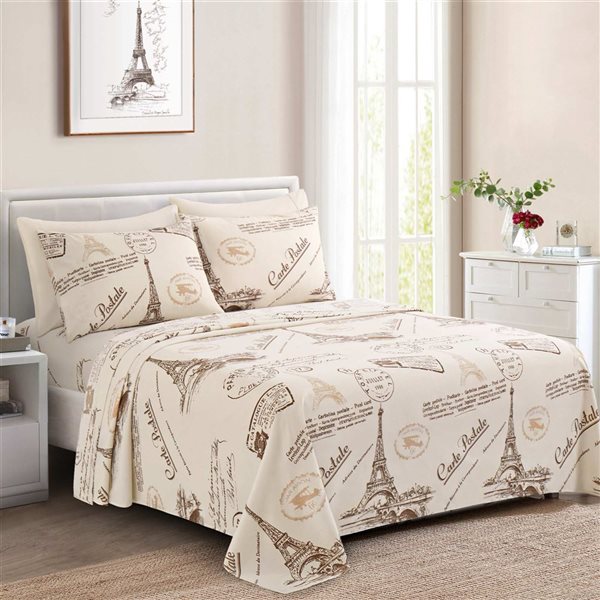 Marina Decoration 6-Piece Bamboo/Polyester Full Bed Sheet Set - Taupe/Brown Paris Eiffel Tower Pattern