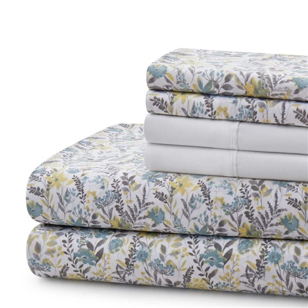 Marina Decoration 6-Piece Bamboo/Polyester Blend King Bed Sheet Set - Teal-Yellow Floral Pattern